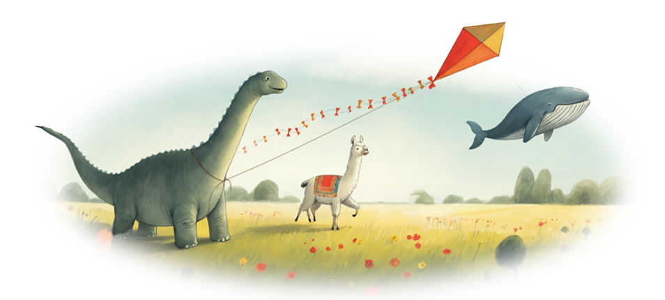 Deno, llama, and whale flying a kite