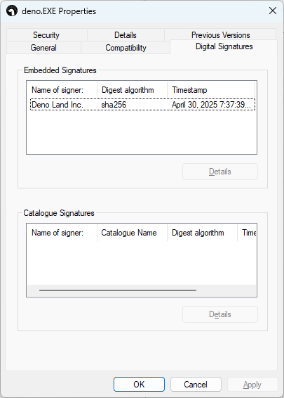 Viewing the signer in deno.EXE on Windows.