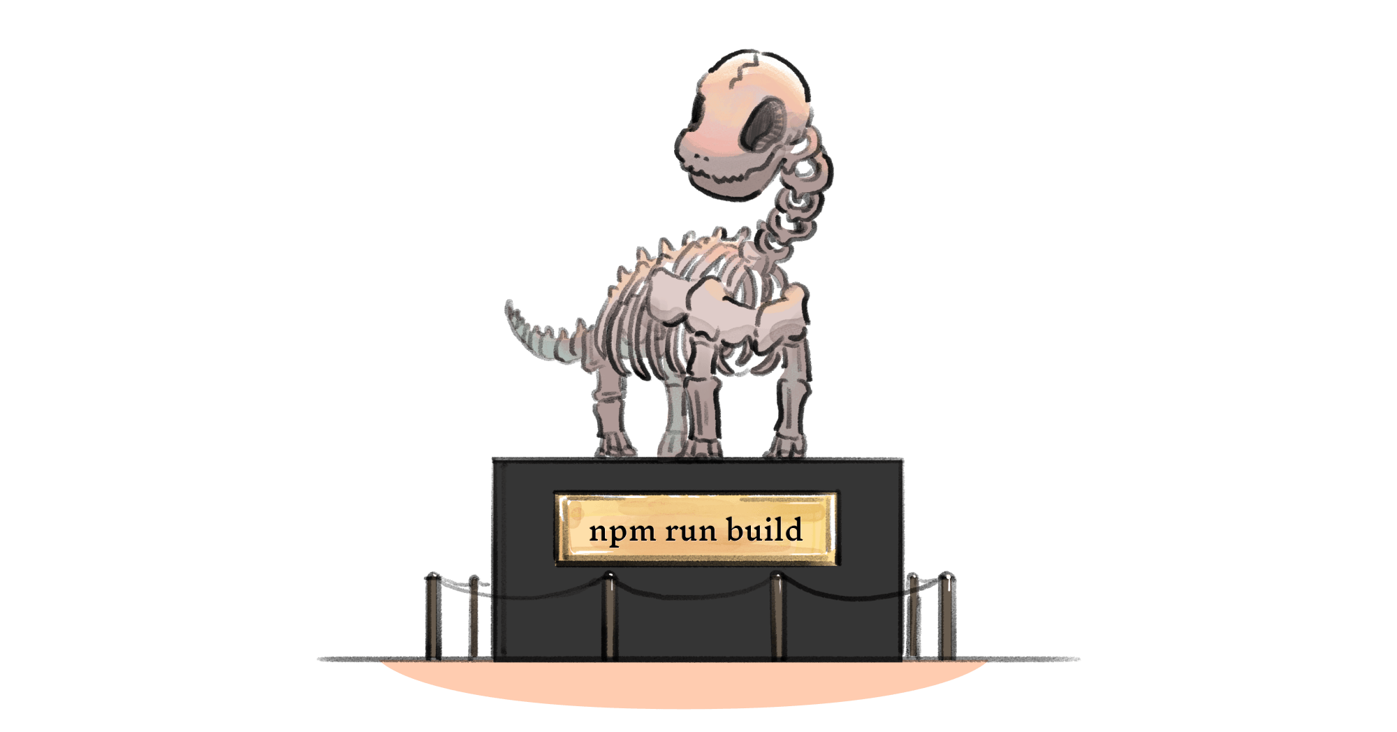 A fossililzed dinosaur skeleton in a museum with a plaque that reads 'npm run build'.