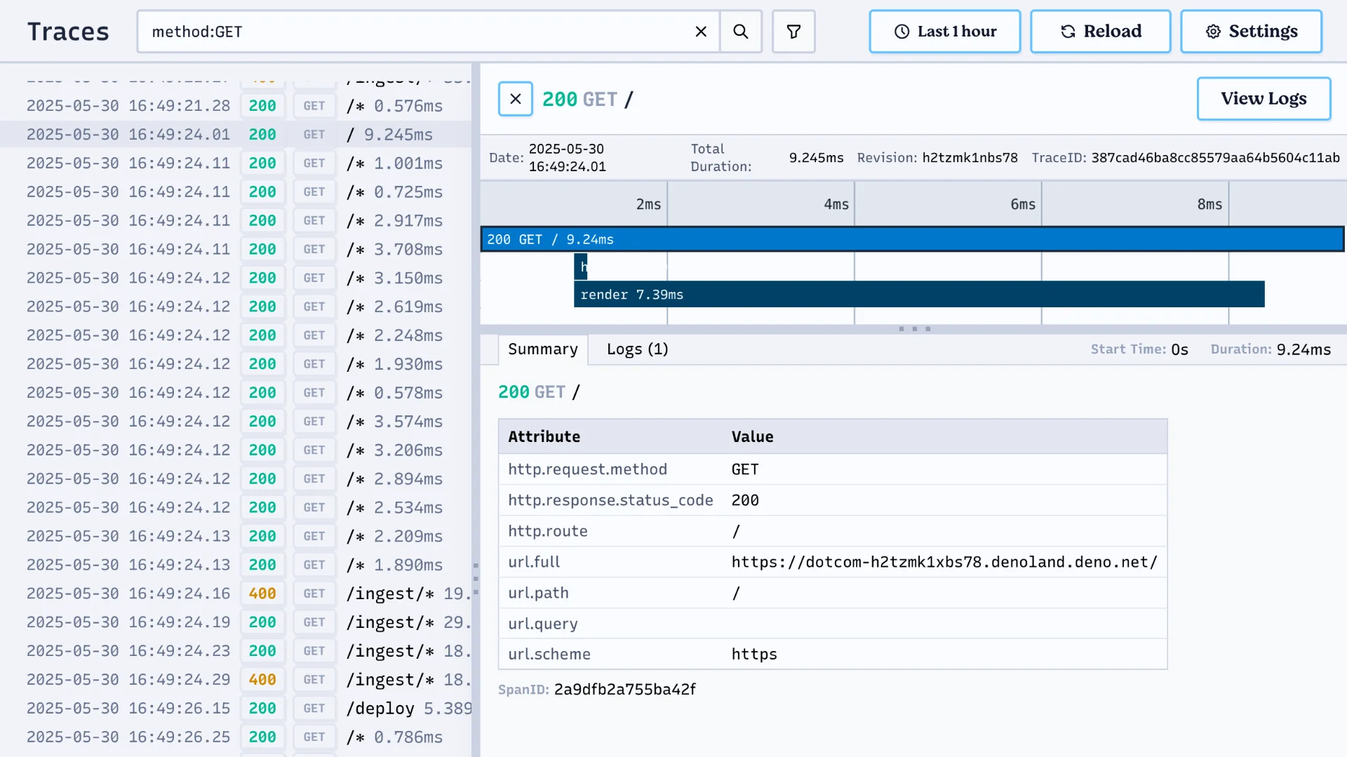 Deno Deploy telemetry dashboard, showing a list of traces with their duration, status, and other metadata. One trace is selected, showing a detailed view of the trace, including duration, method, route, and more.